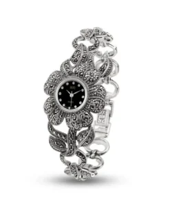 Reloj de plata mujer flor rosa negro